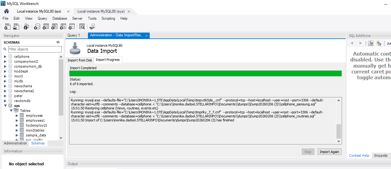 Import completed message in MySQL WorkBench